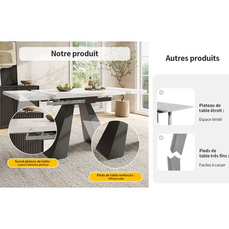 Table à manger télescopique (99-159×74 cm), table à manger extensible, table de cuisine peu encombrante, large surface de travail, design flexible, pour bureau à domicile et salon, plateau blanc avec  (1/5)