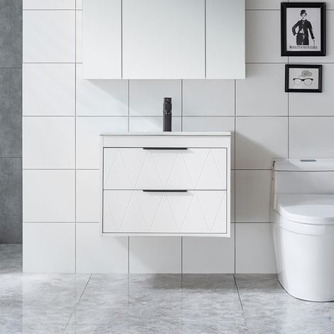 UEV Meuble sous Lavabo Suspendu 60cm, avec Lavabo en Céramique, Robinet, 2 Grands Tiroirs, Meuble Salle de Bain, Motif Ligne, Style Scandinave(Blanc, 60 x 45 x 46 cm)