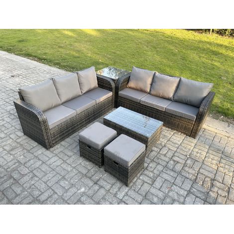 Fimous Outdoor Garden Furniture Sets 8 Seater Wicker Rattan Furniture Sofa Sets with Rectangular Coffee Table 3 Seater Sofa Side Table 2 Small Footstools Dark Grey Mixed (1/5)
