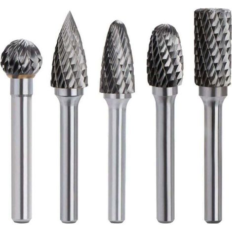 Kit de 5pcs Fraises Rotatives en Carbure de Tungstène Double Coupe Tige 6mm Tête 10mm Outil Dremel Perceuse Ponceuse Electrique Pour la sculpture sur métal, le polissage, la gravure (1/4)