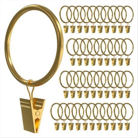 Lot de 40 anneaux de rideaux avec pinces et crochets, diamètre 3,8 cm (1,5 pouce), compatibles avec les tringles jusqu'à 3 cm (1,2 pouce), couleur or. (1/5)