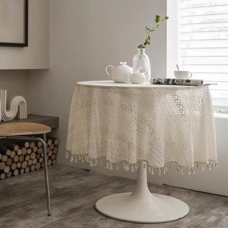 Runde Spitzentischdecken – Gehäkelte Tischdecke – Tischdekoration – Bohème-Stil – 150 cm – Beige (1/5)