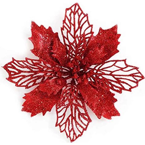 24 cm große, künstliche Glitzer-Weihnachtssternblüten als Christbaumschmuck für Weihnachtskränze, Hochzeiten und Partys (rot) (1/5)