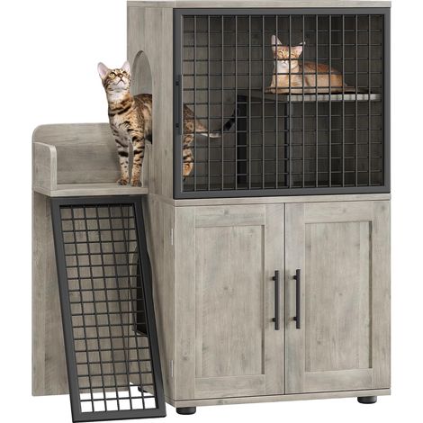 Maison pour chat gris à double étage avec échelle et plateforme ludique, meuble cache bac à litière adapté aux grands bacs, salon et balcon (1/5)