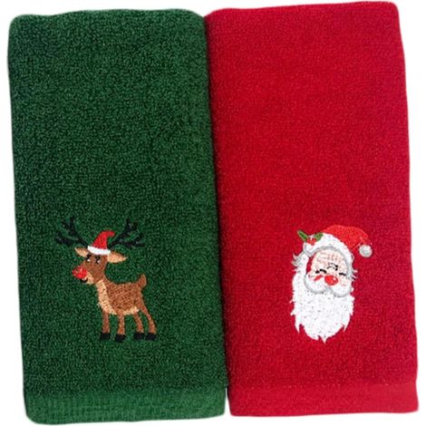 Lot de 2 serviettes toilette Noël en pur coton , 44 x 32 cm , absorbantes et douces , ornées broderi