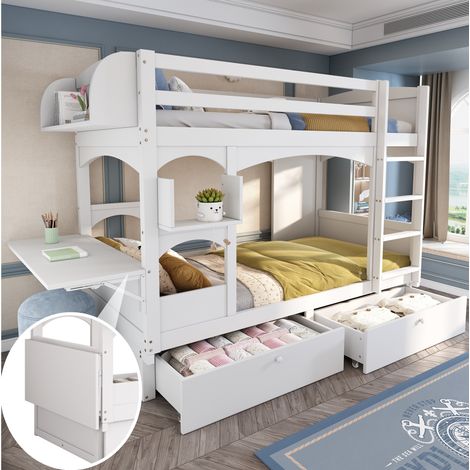 Kinder-Etagenbett 90x200 cm mit klappbarem Schreibtisch, Regal & Schubladen