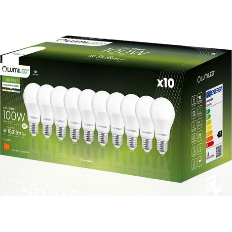 10 lampadine LED E27 A60 13W = 100W 1521lm 4000K Neutro 260° LUMILED