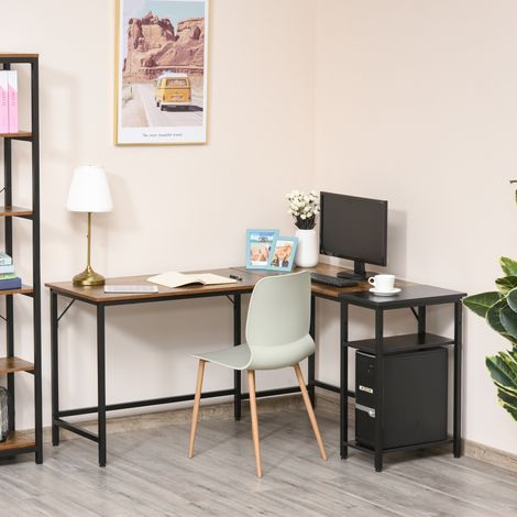 Bureau d'angle de style industriel avec étagère latérale. En bois et métal noir. 150 x 120 x 75 cm
