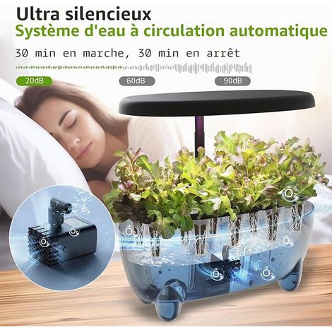 Système de Culture Hydroponique Jardin d'Herbes avec Lumière LED 24W à Spectre Complet Kit de Germination des Plantes pour Maison/Bureau/École (Noir) (1/2)