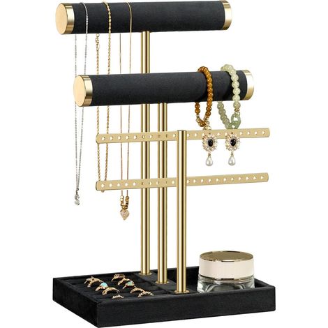 Organisateur de bijoux à trois niveaux avec barre amovible en forme de T, porte-bracelets en velours, convient aux bracelets, colliers, montres, bagues et autres bijoux, noir. (1/5)