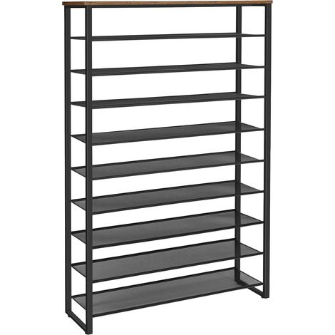 Étagère à Chaussures à 10 Niveaux, 100cm Porte-Chaussures, Rangement à Chaussures, pour 40-50 Paires, Gain de Place, pour Entrée, Salon, Chambre, Marron Rustique et Noir (1/5)