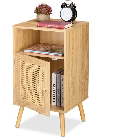 Relaxdays Bedside Table, Rattan Door, Wood Effect, 72x40x39 cm, Open Shelf, Bedroom Nightstand, Side Cabinet, Natural