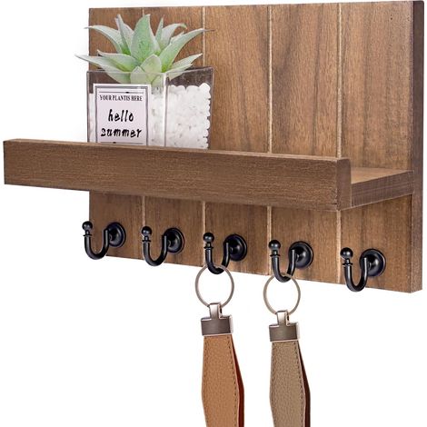 Porte Clef Mural, Porte-Clés Mural en Bois, avec 5 Crochets à Clés, pour Salon, Salle de Bain, Cuisine, Les Entrées, Couloirs (Brun) (1/5)