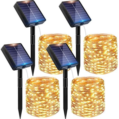 lot de 4 guirlandes lumineuses solaires, 12 m, 120 led, fil de cuivre, ip65, 8 modes, blanc chaud, jardin, balcon, fête