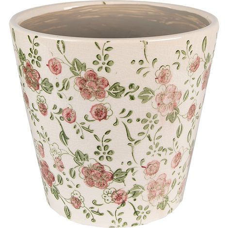Pot de fleurs en céramique décoratif style brocante fleurs roses beige Ø 12 x 10 cm - PANGIVO (1/2)