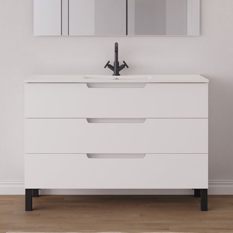 Meuble de salle de bain 120cm simple vasque - 3 tiroirs - sans miroir - blanc mat - RIZA (1/5)