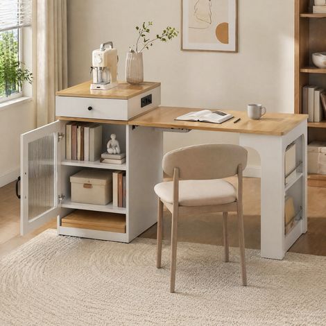 FLORAGRACE Îlot de cuisine 151 x 80 x 92 cm en MDF blanc extensible avec prises, rangements et roulettes (1/5)