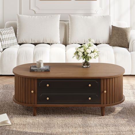Table basse salon 100x50x36 cm, 2 tiroirs + rangement porte coulissante, design moderne fonctionnel, panneaux de bois, noyer et noir (1/5)