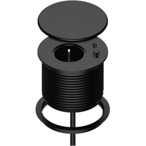 Multiprise encastrée avec 1 prise, 1 port USB-C, 1 port USB-A, diamètre 80 mm, câble 1,5 m, prise de bureau pour cuisine, bureau, meubles, noir