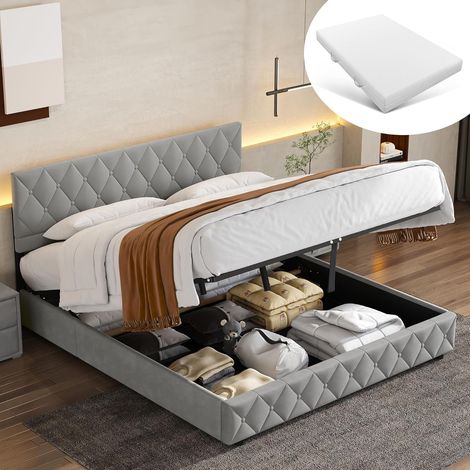 Lit coffre Okwish 140 x 200 cm – Lit double rembourré avec tête de lit LED et port USB Type-C – Cadre avec sommier à lattes et coffre de rangement hydraulique, tissu en coton beige, matelas non inclus (1/5)