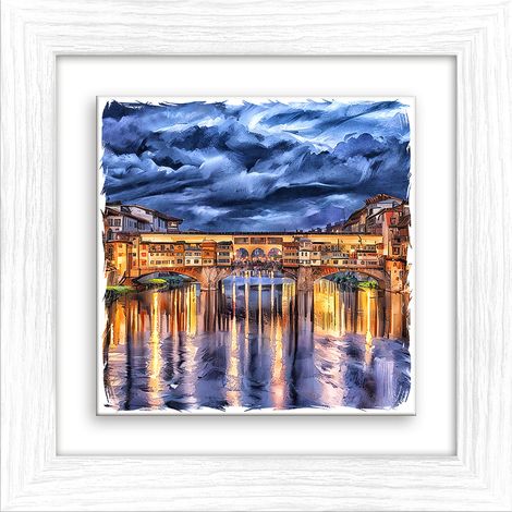 Lupia - Quadro moderno con paesaggi e localismi italiani, Ceramica e Stampa Rilievo, Cornice Legno Shabby Modern bianca, Decorazione Parete, Quadretti Soggiorno 29x29 cm FIRENZE PONTE VECCHIO TWILIGHT (1/4)