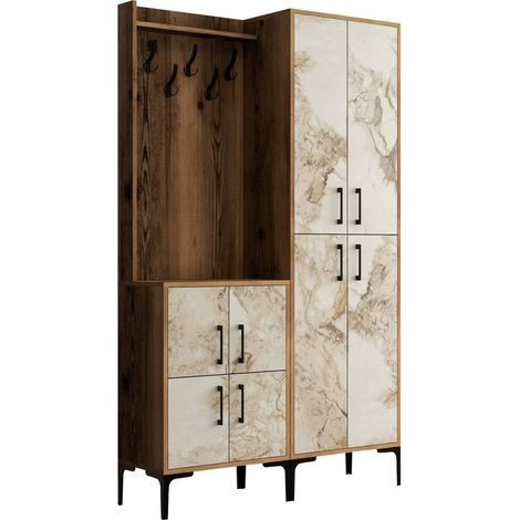 Dmora - Mobile da ingresso Eufemia, Entratina appendiabiti, Composizione per atrio, Consolle portaoggetti multifunzione, 120x35h200 cm, Noce e Bianco Marmo