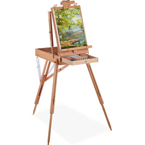 Relaxdays Cavalletto Pittura Portatile, Valigetta per Adulti con Cassetto, Altezza & Inclinazione Regolabile, Naturale (1/5)