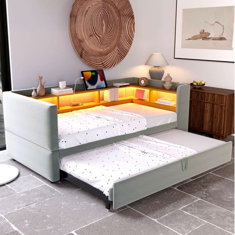 Lit-banquette moderne 90/180x190 cm en flanelle gris clair, avec LED, prises, rangements intégrés et sommier à lattes (1/5)