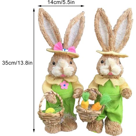 Couple de lapins en paille, adorable ornement vintage, figurine de lapin en paille faite main pour la décoration de la maison, du théâtre ou d'un magasin. (1/5)