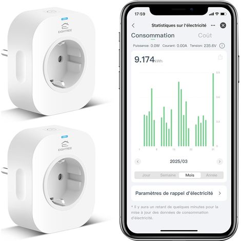 Prise Connectée WiFi Type F Prise Intelligente Suivi Consommation Énergie 2,4 GHz 16A 3680W (1/5)