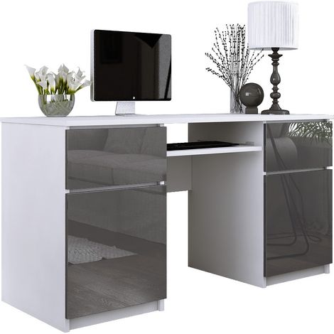 Bureau : 2 Tiroirs, Blanc Mat / Gris Brillant, 135 x 77 x 50 cm (1/5)
