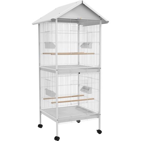 Volière design sur roulettes, cage à oiseaux avec mangeoires, perchoirs, portes et plateaux amovibles en métal pour maison. (1/5)