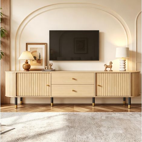 Mobile porta TV 180x40x58 cm con 2 cassetti, 2 ante scorrevoli, sistema di gestione cavi, finitura in legno naturale (1/5)