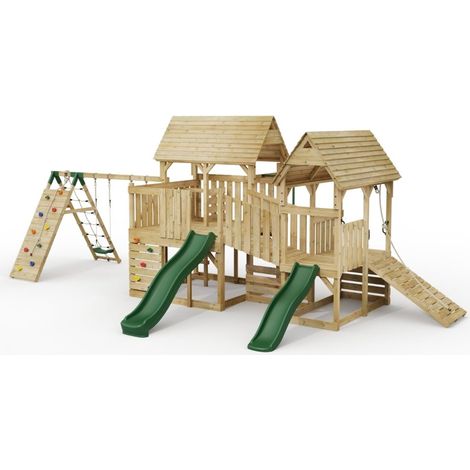 FarmPlay Hayloft and Mini Loft Climbing Frame with Double Swing, Climbing Wall, Bridge and Slides (1/5)