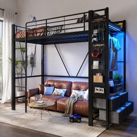 Hochbett 90x200 cm schwarz aus Metall und MDF mit LED-Leiste, USB-C, Hängestange, Schubladen und Stauraum (1/5)