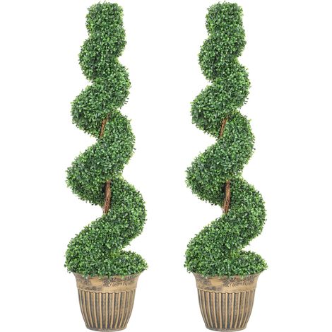 HOMCOM Set of 2 Potted Artificial Plants, Topiary Spiral Boxwood Trees