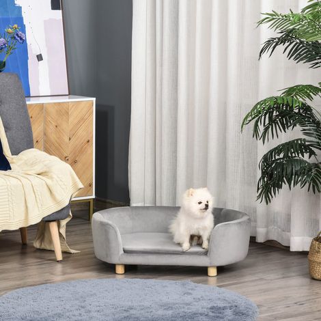 Canapé/lit pour chien en velours hollandais, avec dossier, pieds en bois et coussin, idéal pour les petits chiens et chats. Dimensions : 86 x 55 x 33 cm, gris clair.