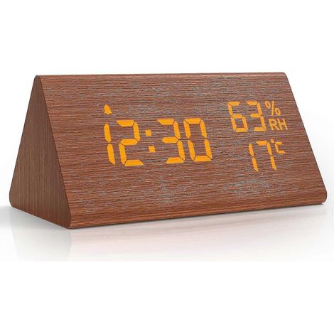 Réveil numérique en bois, avec fonction snooze, date, température et humidité - Marron, 2024 Ping (1/5)