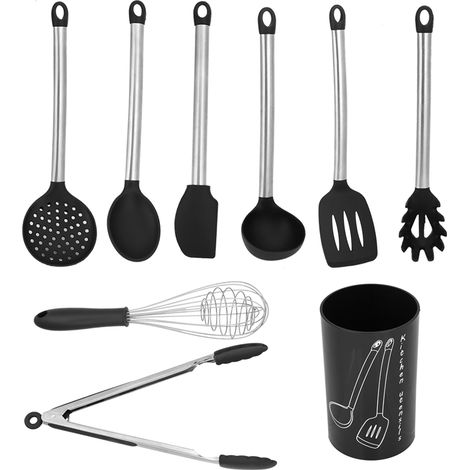 Ensemble de 9 ustensiles cuisine, silicone, manches acier inoxydable, antiadhésif, avec seau rangement (1/5)