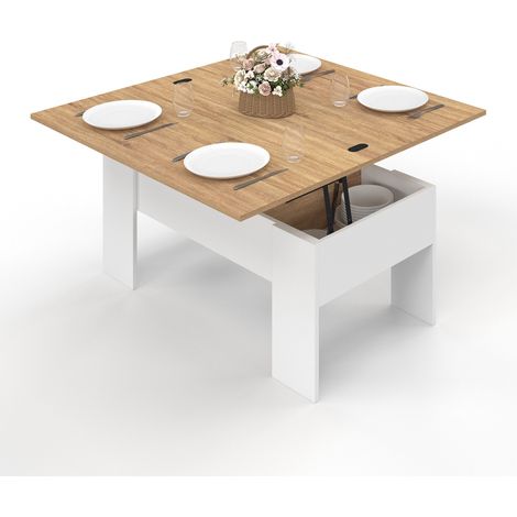 Tavolino rettangolare con piano sollevabile, trasformabile in tavolo da pranzo TARA, in legno bianco e faggio finto