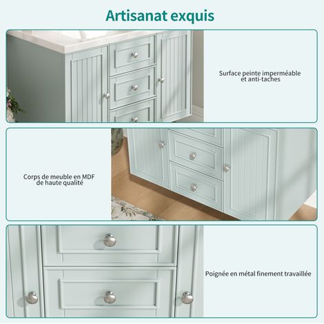 Meuble sous lavabo mural vert avec 3 tiroirs et lavabo en céramique 78,5 x 46 x 46,8 cm (1/5)