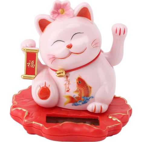 Ortviai Chat Porte-Bonheur Solaire Blanc avec Nageoire en Forme de Poisson pour Décoration Intérieure, Bureau et Voiture