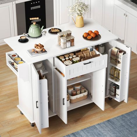 Isola da cucina 120/45(70)/95 cm bianca con piano ribaltabile e ampia capacità contenitiva (1/5)