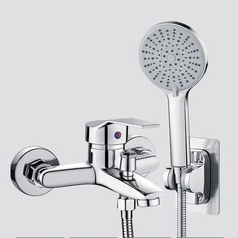 Mitigeur de baignoire, robinet de douche/baignoire avec flexible, douchette 3 jets, argent (1/5)