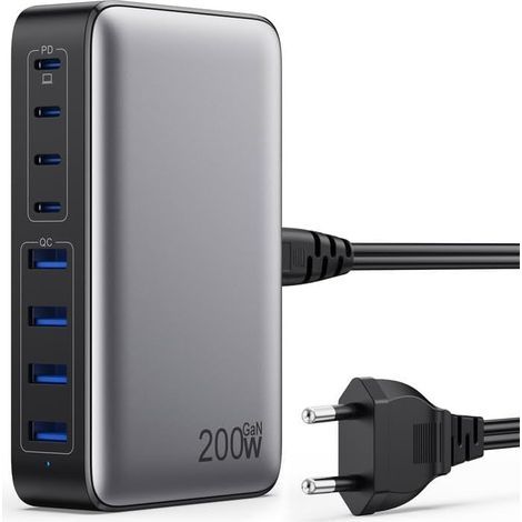 200-W-USB-C-Ladegerät, Schnellladegerät mit GaN-III-Technologie, 8 PD QC PPS Multiport-Adapter, 65-W-Laptop-Ladegerät kompatibel mit MacBook Pro/Air, iPhone, iPad Pro, Galaxy, SteamDeck (Schwarz) (1/5)