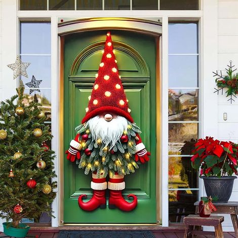 Rideau De Porte De Noël - Tissu Polyester - Motif Flocons De Neige - Rouge Et Vert - Pour Entrée Salon Fêtes - 1 Pièce (1/5)