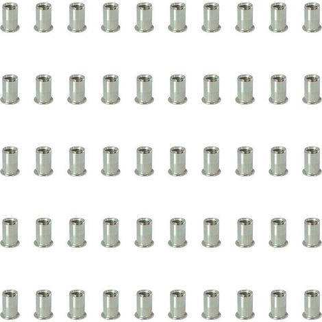 Lot de 50 écrous à sertir en acier inoxydable (304) M4 M5 M6 M8 M10 à tête plate et rayures verticales, avec fiche technique. (1/3)
