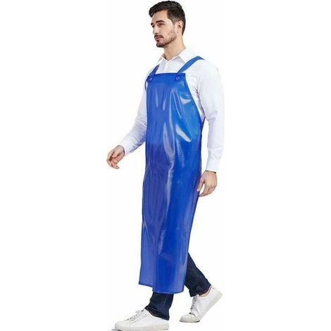 Tablier de travail en caoutchouc bleu, réglable, robuste et imperméable.