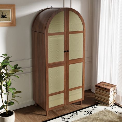 Armadio moderno 80 x 50 x 179 cm con appendiabiti, cassetti e ante in rattan, noce HAVRYA (1/5)