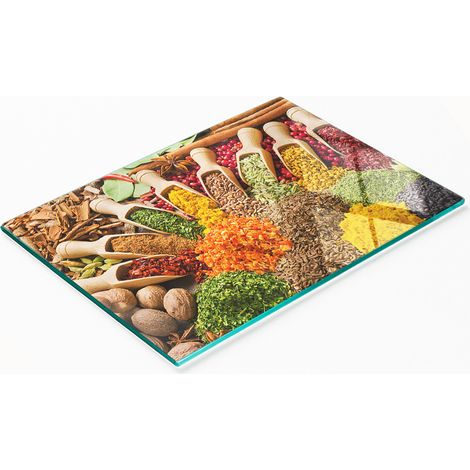 Elegante y resistente pizarra de vidrio con estampado de especias a color, 80x52 cm. (1/5)